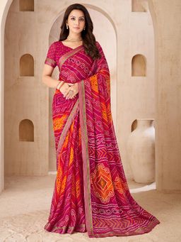Akhilam - Women Pink Chiffon Printed Saree with Unstitched Blouse
