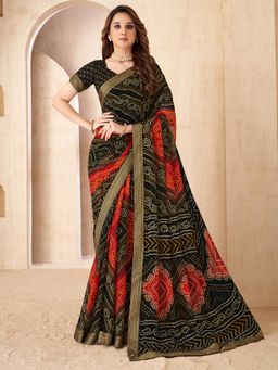 Akhilam - Women Black Chiffon Printed Saree with Unstitched Blouse