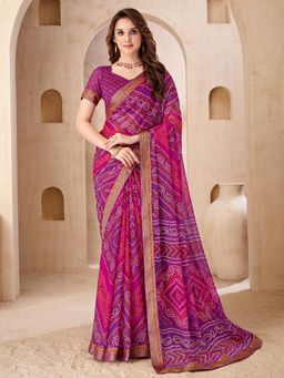 Akhilam - Women Purple Chiffon Printed Saree with Unstitched Blouse