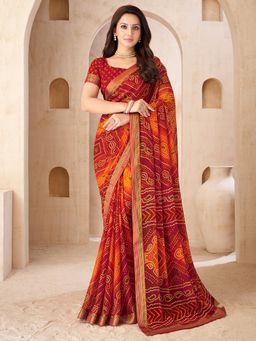 Akhilam - Women Red Chiffon Printed Saree with Unstitched Blouse
