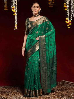 Akhilam - Women Teal Organza Woven Saree with Unstitched Blouse