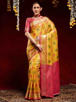 Akhilam - Women Yellow Organza Woven Saree with Unstitched Blouse