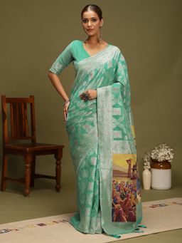 Akhilam - Women Turquoise Organza Woven Saree with Unstitched Blouse