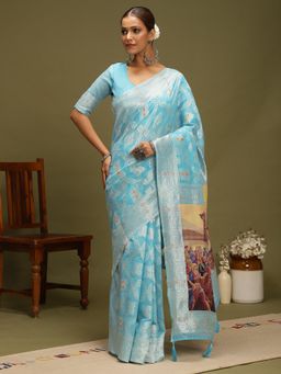 Akhilam - Women Blue Organza Woven Saree with Unstitched Blouse