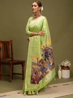 Akhilam - Women Green Organza Woven Saree with Unstitched Blouse