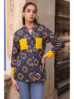 Rain & Rainbow - Navy Blue Printed Cotton Shirt
