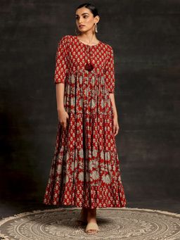Libas - Red Printed Cotton Fit and Flared Dress