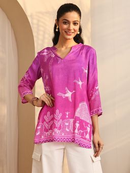 Libas - Pink Printed Silk Blend Straight Kurti