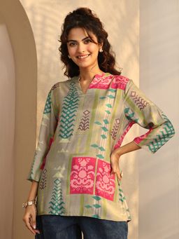 Libas - Grey Printed Silk Blend Straight Kurti