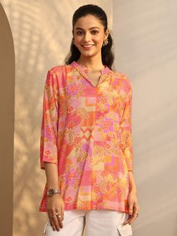 Libas - Orange Printed Silk Blend Straight Kurti