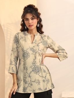 Libas - Beige Printed Silk Blend Straight Kurti