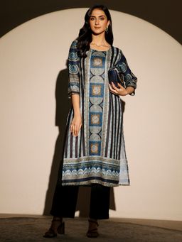 Libas - Blue Printed Cotton Straight Kurta
