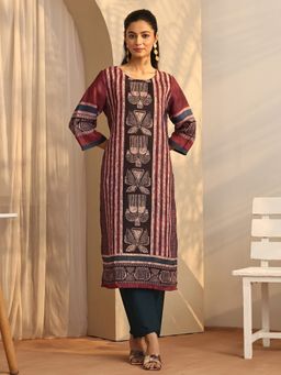 Libas - Maroon Printed Cotton Straight Kurta