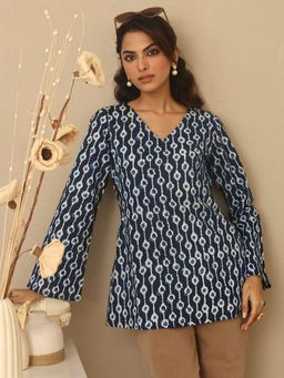 Libas - Navy Blue Printed Cotton Blend Straight Kurti