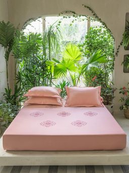 Ddecor Live Beautiful - 210 TC Cotton Large Embroidered BED SHEET SET- EB175-TEA ROSE