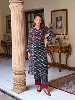 Mahee Jaipur - Black and Red Panel Block Print Pure Muslin Kurta with Pant (Set of 2)
