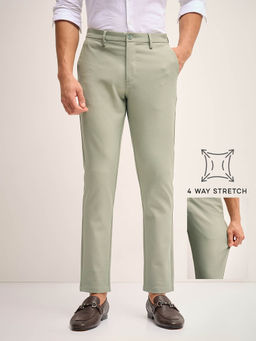 The Bear House - Men Solid 4 Way Stretch Green Slim Fit Formal Trouser