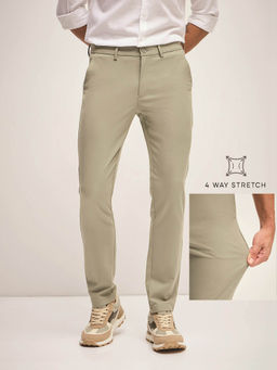 The Bear House - Men Solid 4 Way Stretch Cream Slim Fit Formal Trouser