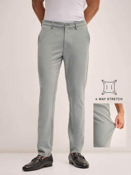 The Bear House - Men Solid 4 Way Stretch Grey Slim Fit Formal Trouser