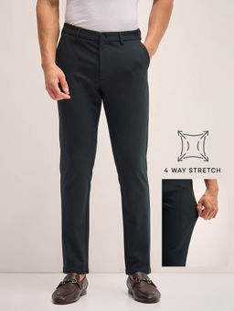The Bear House - Men Solid 4 Way Stretch Green Slim Fit Formal Trouser