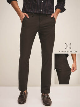 The Bear House - Men Solid 4 Way Stretch Brown Slim Fit Formal Trouser