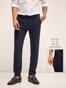 The Bear House - Men Solid 4 Way Stretch Navy Blue Slim Fit Formal Trouser