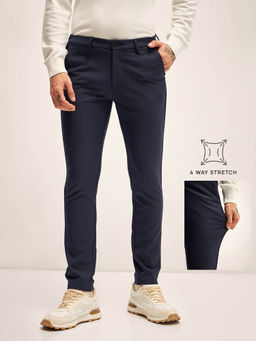 The Bear House - Men Solid 4 Way Stretch Navy Blue Slim Fit Formal Trouser