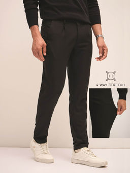The Bear House - Men Solid 4 Way Stretch Black Slim Fit Formal Trouser
