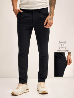 The Bear House - Men Solid 4 Way Stretch Navy Blue Slim Fit Formal Trouser