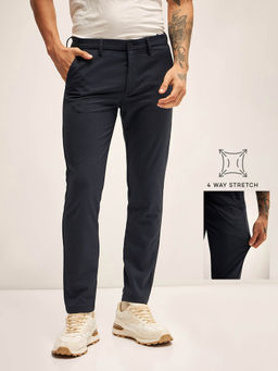 The Bear House - Men Checks 4 Way Stretch Navy Blue Slim Fit Formal Trouser