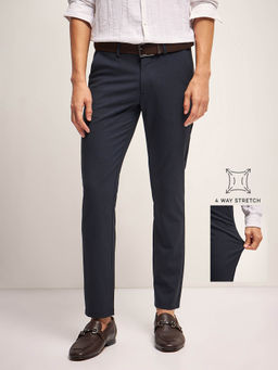 The Bear House - Men Checks 4 Way Stretch Navy Blue Slim Fit Formal Trouser