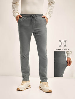 The Bear House - Men Solid 4 Way Stretch Grey Slim Fit Formal Trouser