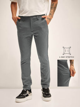 The Bear House - Men Solid 4 Way Stretch Grey Slim Fit Formal Trouser