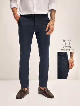 The Bear House - Men Solid 4 Way Stretch Navy Blue Slim Fit Formal Trouser