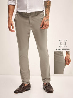 The Bear House - Men Solid 4 Way Stretch Beige Slim Fit Formal Trouser