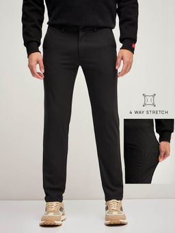 The Bear House - Men Solid 4 Way Stretch Black Slim Fit Formal Trouser