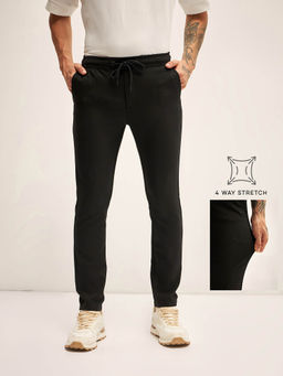 The Bear House - Men Solid 4 Way Stretch Black Slim Fit Casual Trouser