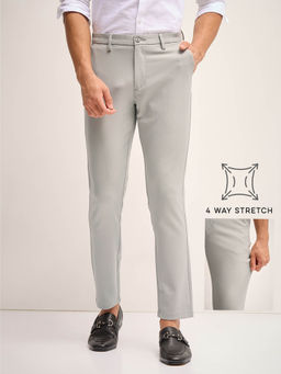 The Bear House - Men Solid 4 Way Stretch Grey Slim Fit Formal Trouser