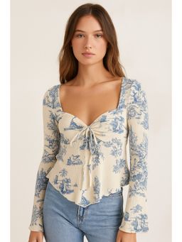 Cider - V-neck Toile de Jouy Knotted Long Sleeve Crop Top