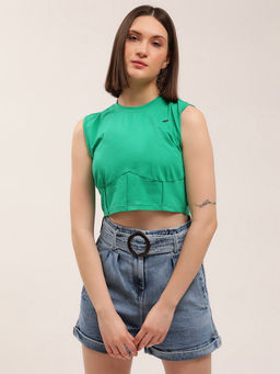 ELLE - Womens Solid Green Crop Top