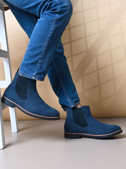 Styli - Men Navy Blue Faux Suede Chelsea Boots