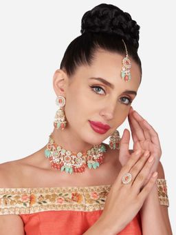 Zaveri Pearls - Green and Peach Stones Beads Choker Necklace Earring Maangtikka Ring Set-ZPFK16167