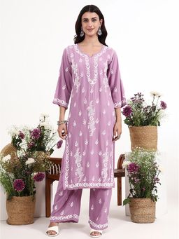 The Chikan Label - Mauve Arushi Rayon Chikankari Kurti with Palazzo
