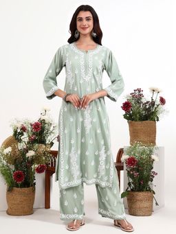 The Chikan Label - Green Arushi Rayon Chikankari Kurti with Palazzo
