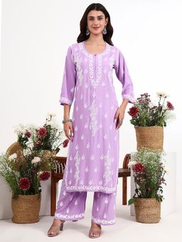 The Chikan Label - Lavender Arushi Rayon Chikankari Kurti with Palazzo