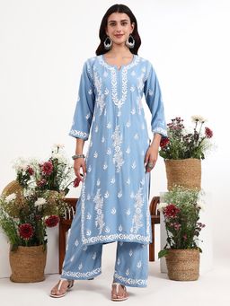 The Chikan Label - Powder Blue Arushi Rayon Chikankari Kurti with Palazzo