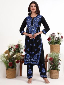 The Chikan Label - Ekisha Blue Rayon Chikankari Kurti with Palazzo