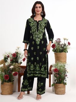 The Chikan Label - Ekisha Green Rayon Chikankari Kurti with Palazzo