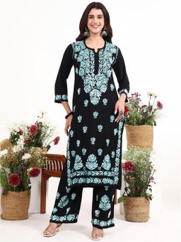The Chikan Label - Ekisha Sea Green Rayon Chikankari Kurti with Palazzo