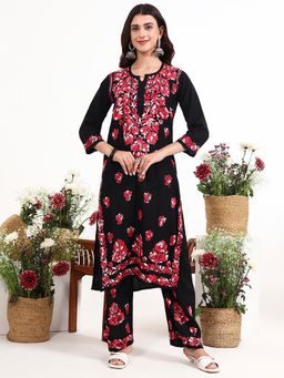 The Chikan Label - Ekisha Red Rayon Chikankari Kurti with Palazzo